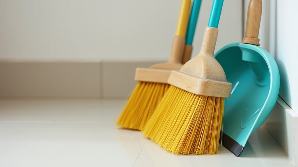  good quality, high quality, close up of a broom and dustpan set. essential housekeeping tools for efficient cleaning tasks, highlighting practicality and functionality in daily home maintenance