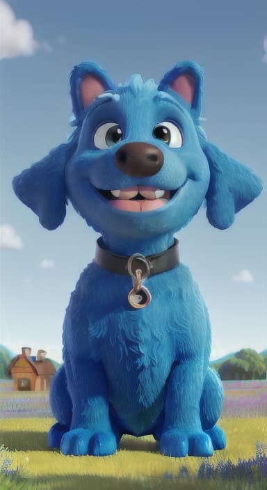  {A happy, big blue dog wagging its tail in a colorful meadow, The big blue dog is large with sky blue fur, big round eyes, a black nose, and floppy ears.