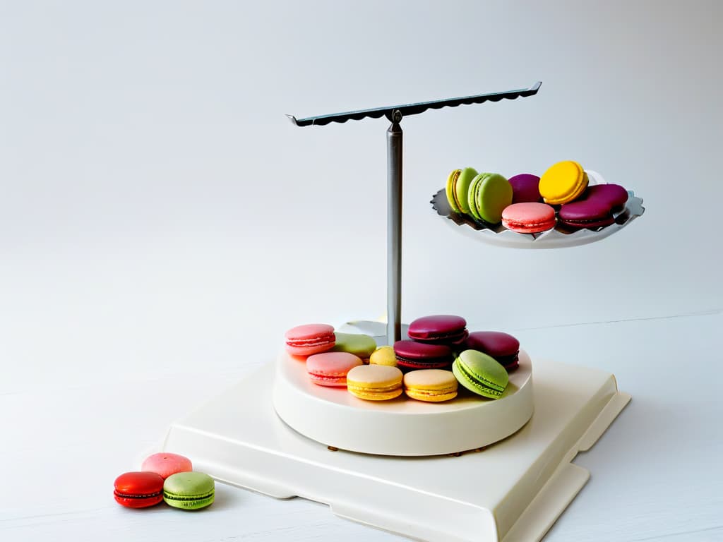  A highresolution, minimalist image of a vintage kitchen scale with colorful macarons delicately placed on one side, symbolizing the evolution of homemade desserts over the decades. The scale is set against a clean, white background to emphasize the simplicity and elegance of traditional dessertmaking techniques. hyperrealistic, full body, detailed clothing, highly detailed, cinematic lighting, stunningly beautiful, intricate, sharp focus, f/1. 8, 85mm, (centered image composition), (professionally color graded), ((bright soft diffused light)), volumetric fog, trending on instagram, trending on tumblr, HDR 4K, 8K