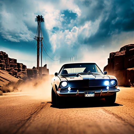 nvinkpunk in movie style mad max Apply the Following Styles Overlay Artaic hyperrealistic, full body, detailed clothing, highly detailed, cinematic lighting, stunningly beautiful, intricate, sharp focus, f/1. 8, 85mm, (centered image composition), (professionally color graded), ((bright soft diffused light)), volumetric fog, trending on instagram, trending on tumblr, HDR 4K, 8K