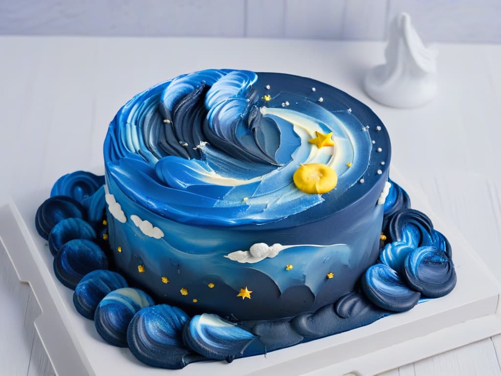  An ultradetailed 8k image of a beautifully plated dessert inspired by Van Gogh's "Starry Night", featuring swirls of vibrant blue and yellow frosting mimicking the iconic night sky, with delicate edible stars scattered on top, all set against a sleek, white minimalist background to highlight the intricate details of the dessert. hyperrealistic, full body, detailed clothing, highly detailed, cinematic lighting, stunningly beautiful, intricate, sharp focus, f/1. 8, 85mm, (centered image composition), (professionally color graded), ((bright soft diffused light)), volumetric fog, trending on instagram, trending on tumblr, HDR 4K, 8K