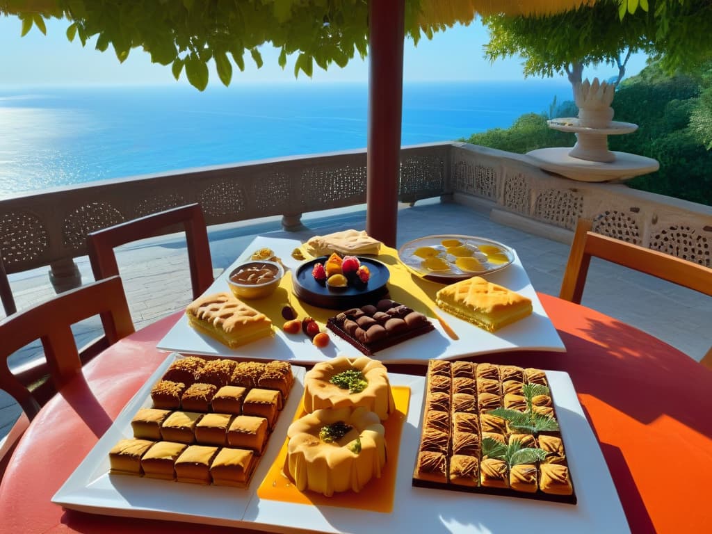  A photorealistic image of a grand banquet table set on a vibrant mosaictiled patio overlooking the sea, surrounded by diverse diners joyfully sharing and savoring an array of decadent desserts from around the world. The table is adorned with trays of baklava, flan, tiramisu, kanafeh, pavlova, and other exquisite sweets, each delicacy representing a different culture and tradition. The setting sun casts a warm glow on the scene, highlighting the intricate details of the desserts and the genuine smiles of the diners, creating a harmonious and culturally rich atmosphere. hyperrealistic, full body, detailed clothing, highly detailed, cinematic lighting, stunningly beautiful, intricate, sharp focus, f/1. 8, 85mm, (centered image composition), (professionally color graded), ((bright soft diffused light)), volumetric fog, trending on instagram, trending on tumblr, HDR 4K, 8K