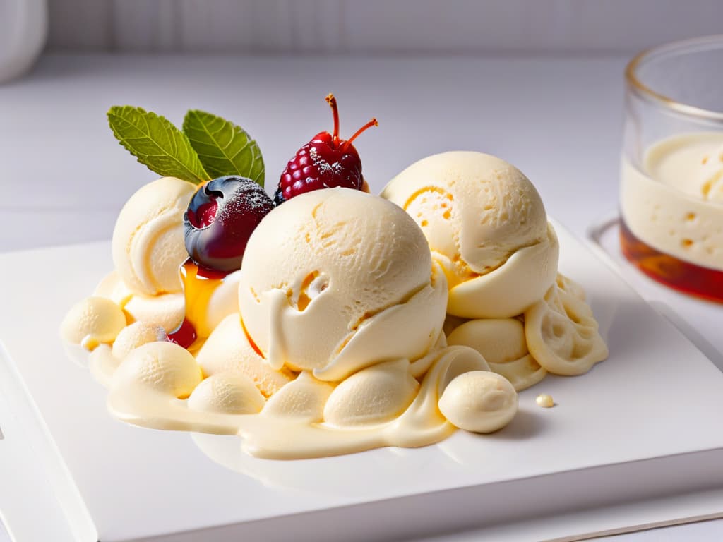  A closeup, photorealistic image of a scoop of velvety homemade vanilla ice cream drizzled with a vibrant, glossy red berry sauce. The ice cream is perfectly smooth, with tiny vanilla bean specks visible, and the sauce cascades down the scoop, reflecting light in a way that makes it look irresistibly fresh and delicious. The background is softly blurred, enhancing the focus on the luxurious dessert, making viewers' mouths water at the sight. hyperrealistic, full body, detailed clothing, highly detailed, cinematic lighting, stunningly beautiful, intricate, sharp focus, f/1. 8, 85mm, (centered image composition), (professionally color graded), ((bright soft diffused light)), volumetric fog, trending on instagram, trending on tumblr, HDR 4K, 8K