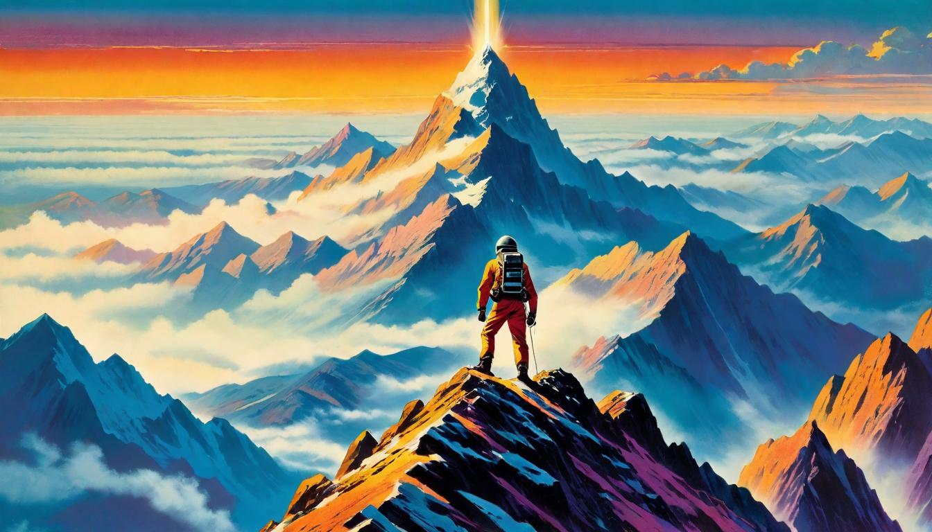  retro futuristic A lone climber reaching the summit of a steep mountain, overlooking the vast landscape below, illuminated by the dawn light, Conviction's ascent, dawn's promise, personal pinnacle achieved lvintage sci fi, 50s and 60s style, atomic age, vibrant, highly detailed