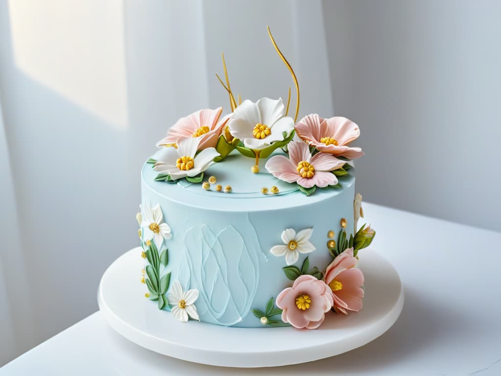  A closeup, ultrahighresolution image of a beautifully decorated cake with intricate piping details and delicate sugar flowers on a sleek, white marble background. The cake is elegantly designed with pastel colors and gold accents, showcasing the artistry and craftsmanship involved in pastry making. This image conveys sophistication, precision, and the importance of branding in the pastry industry through its visually striking and minimalist composition. hyperrealistic, full body, detailed clothing, highly detailed, cinematic lighting, stunningly beautiful, intricate, sharp focus, f/1. 8, 85mm, (centered image composition), (professionally color graded), ((bright soft diffused light)), volumetric fog, trending on instagram, trending on tumblr, HDR 4K, 8K