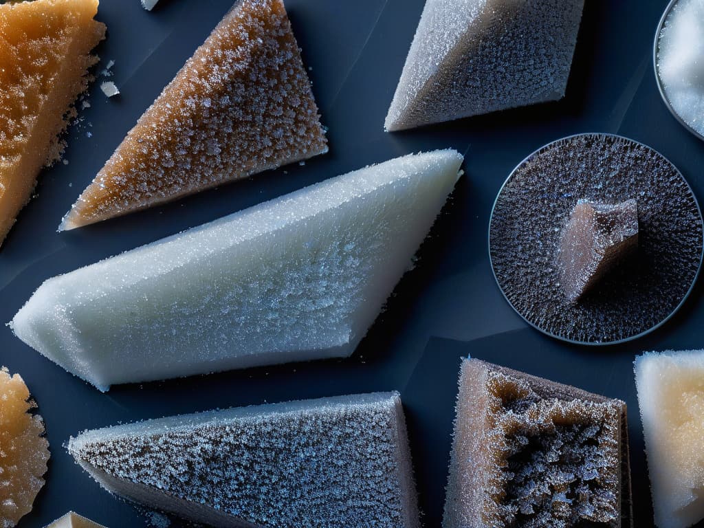  An exquisitely detailed closeup photograph of various types of sugar crystals, showcasing their unique shapes, sizes, and textures. The crystals are artfully arranged on a sleek, modern white surface, casting delicate shadows that add depth to the composition. Each sugar variety is labeled with elegant calligraphy, clearly indicating its specific type. The image captures the purity and beauty of sugar in its natural form, evoking a sense of sophistication and precision that aligns perfectly with the informative and professional tone of the article. hyperrealistic, full body, detailed clothing, highly detailed, cinematic lighting, stunningly beautiful, intricate, sharp focus, f/1. 8, 85mm, (centered image composition), (professionally color graded), ((bright soft diffused light)), volumetric fog, trending on instagram, trending on tumblr, HDR 4K, 8K