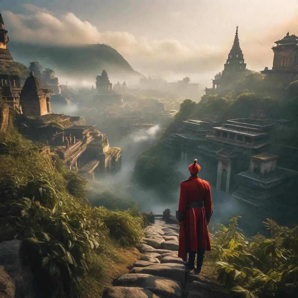  Lost City hyperrealistic, full body, detailed clothing, highly detailed, cinematic lighting, stunningly beautiful, intricate, sharp focus, f/1. 8, 85mm, (centered image composition), (professionally color graded), ((bright soft diffused light)), volumetric fog, trending on instagram, trending on tumblr, HDR 4K, 8K