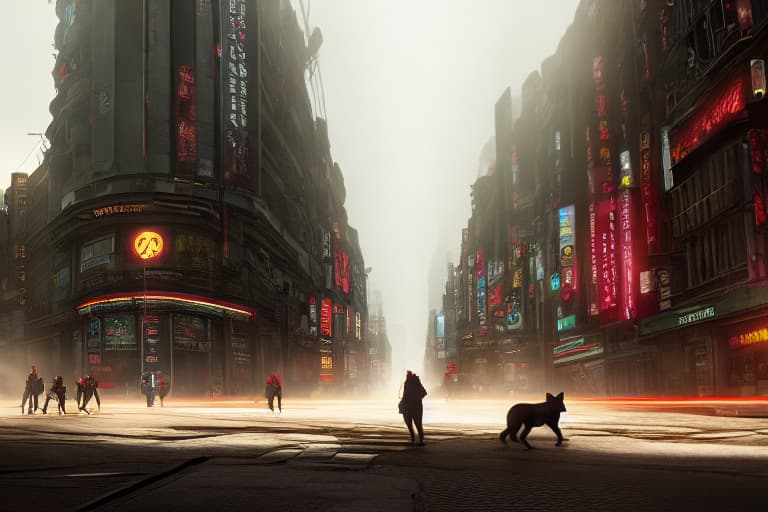  Anthropomorphic, dog, male, adult, red kimono, realistic fur, high resolution, dark futuristic scenery, atmospheric fog, moonlight, futuristic city, dirty busy streets with open shops, trash scattered on the streets, rundown buildings. (Post apocalyptic city: 1.3) hyperrealistic, full body, detailed clothing, highly detailed, cinematic lighting, stunningly beautiful, intricate, sharp focus, f/1. 8, 85mm, (centered image composition), (professionally color graded), ((bright soft diffused light)), volumetric fog, trending on instagram, trending on tumblr, HDR 4K, 8K