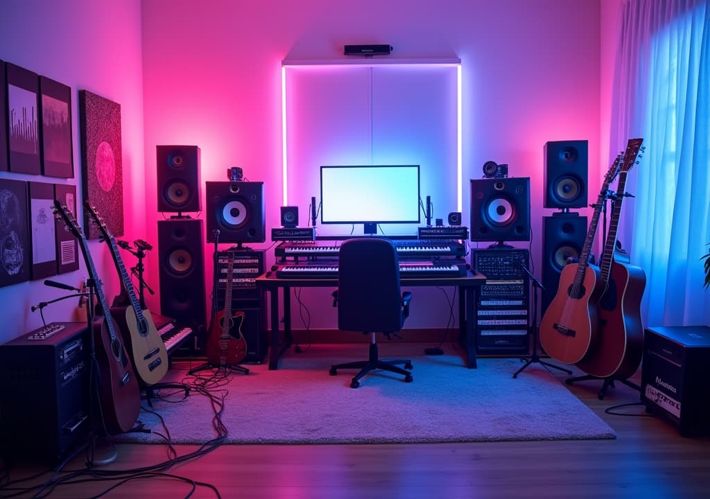  good quality, high quality, a very vivid colored purple pink blue cyan modern music studio with many great looking instruments