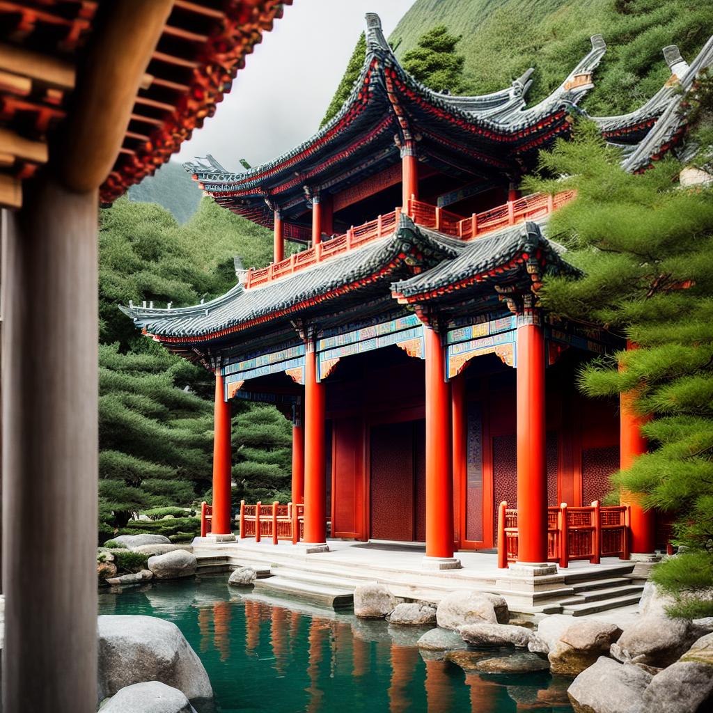  An awe-inspiring and ultra-detailed rendering of the magnificent Tengwang Pavilion, a true marvel of ancient Chinese architecture. This masterpiece, created in the finest quality and resolution of 8k, depicts the pavilion standing tall amidst a picturesque mountain landscape. The pavilion's red pillars and green-tiled roofs create a striking contrast against the blue sky. The surrounding lotus pond reflects the pavilion's exquisite beauty, while vibrant koi fish swim gracefully in its crystal-clear waters. With each brushstroke, the artist brings to life the intricate details of the pavilion, making it a true visual spectacle. hyperrealistic, full body, detailed clothing, highly detailed, cinematic lighting, stunningly beautiful, intricate, sharp focus, f/1. 8, 85mm, (centered image composition), (professionally color graded), ((bright soft diffused light)), volumetric fog, trending on instagram, trending on tumblr, HDR 4K, 8K