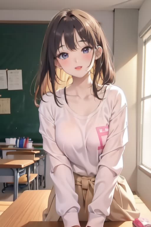  Masterpiece,1girl, parted lips, blush, makeup, light smile, uniform, classroom, light rays, glow,, collarbone, narrow waist, (masterpiece), wallpaper, sheer shirt, uncensored and hips, full body