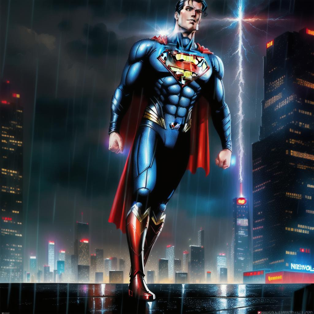  full body superman in a superhero pose in a city background. Comic book style, sharp details, award winning, raining, oil painting, cyberpunk