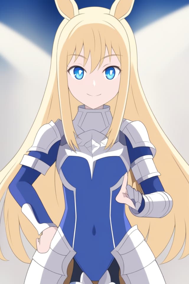  horse ears,blonde hair,long hair,blue eye,Medium chest,blue one piece,armor,from front,looking at viewer,stand,happy,anime style,anime eyes,Alone,anime face,anime body,one hand on hip,high quality