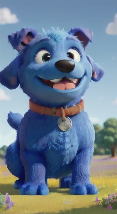  {A happy, big blue dog wagging its tail in a colorful meadow, The big blue dog is large with sky blue fur, big round eyes, a black nose, and floppy ears.