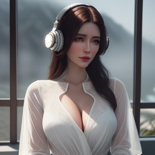  analog style, best quality, gorgeous young Swiss sitting by window with headphones on, wearing white with translucent shirt over, soft lips, beach hair, octane render, unreal engine, photograph, realistic skin texture, photorealistic, hyper realism, highly detailed, 85mm portrait photography, award winning, hard rim lighting photography has big  hyperrealistic, full body, detailed clothing, highly detailed, cinematic lighting, stunningly beautiful, intricate, sharp focus, f/1. 8, 85mm, (centered image composition), (professionally color graded), ((bright soft diffused light)), volumetric fog, trending on instagram, trending on tumblr, HDR 4K, 8K