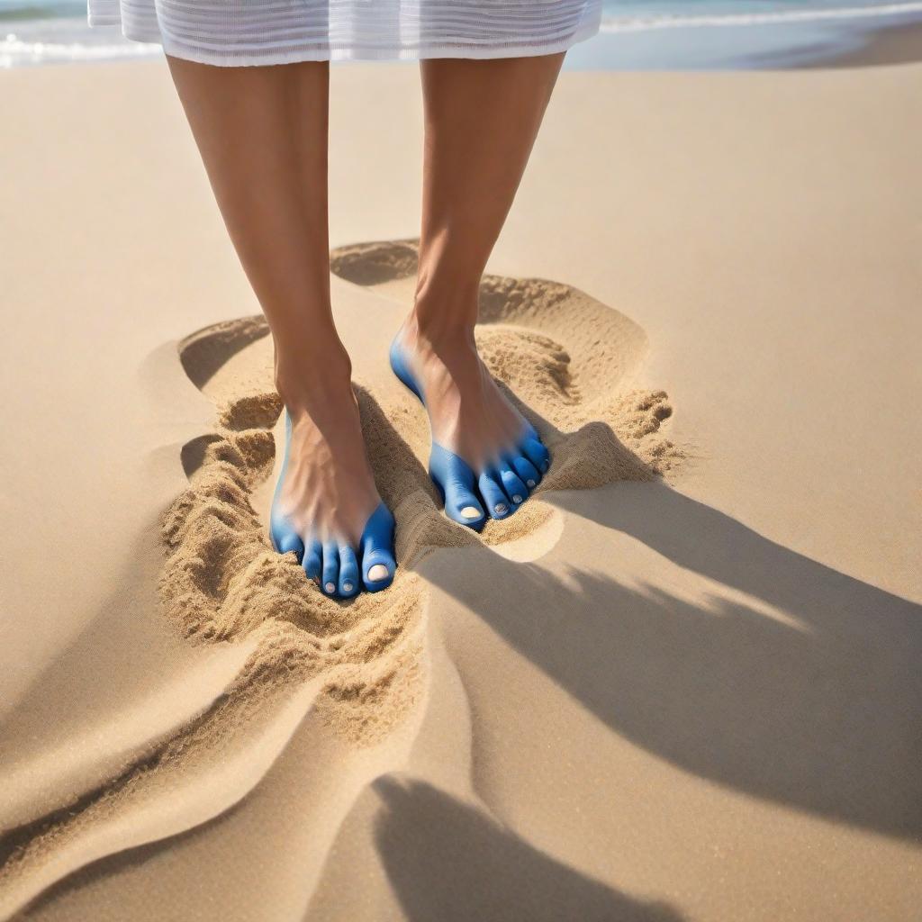  Bare feet with toenails painted blue in the sand at the beach. The scene should depict a sunny day with a clear view of the ocean in the background. hyperrealistic, full body, detailed clothing, highly detailed, cinematic lighting, stunningly beautiful, intricate, sharp focus, f/1. 8, 85mm, (centered image composition), (professionally color graded), ((bright soft diffused light)), volumetric fog, trending on instagram, trending on tumblr, HDR 4K, 8K