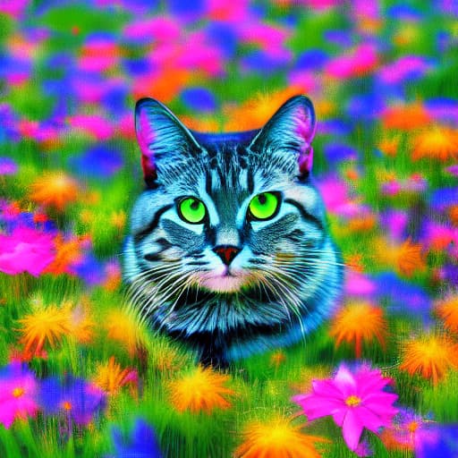  A cyber cat with giant electro flowers at sunrise generative ai Apply the Following Styles Dystopian Art hyperrealistic, full body, detailed clothing, highly detailed, cinematic lighting, stunningly beautiful, intricate, sharp focus, f/1. 8, 85mm, (centered image composition), (professionally color graded), ((bright soft diffused light)), volumetric fog, trending on instagram, trending on tumblr, HDR 4K, 8K