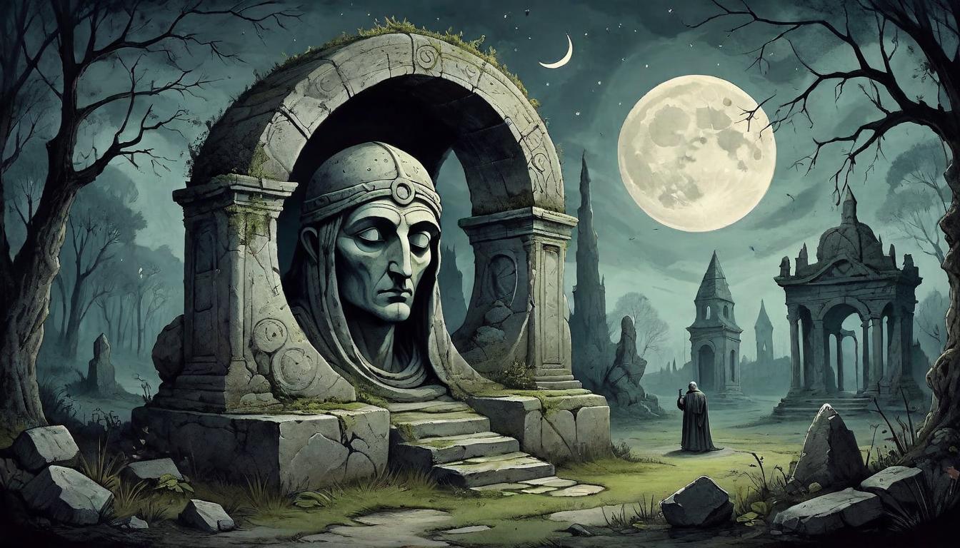  on parchment, surrealism+++, An ancient, crumbling stone statue with hollowed eyes, situated in an abandoned garden under a crescent moon, shadowy and desolate(mysterious, provocative, symbolic,muted color)+++