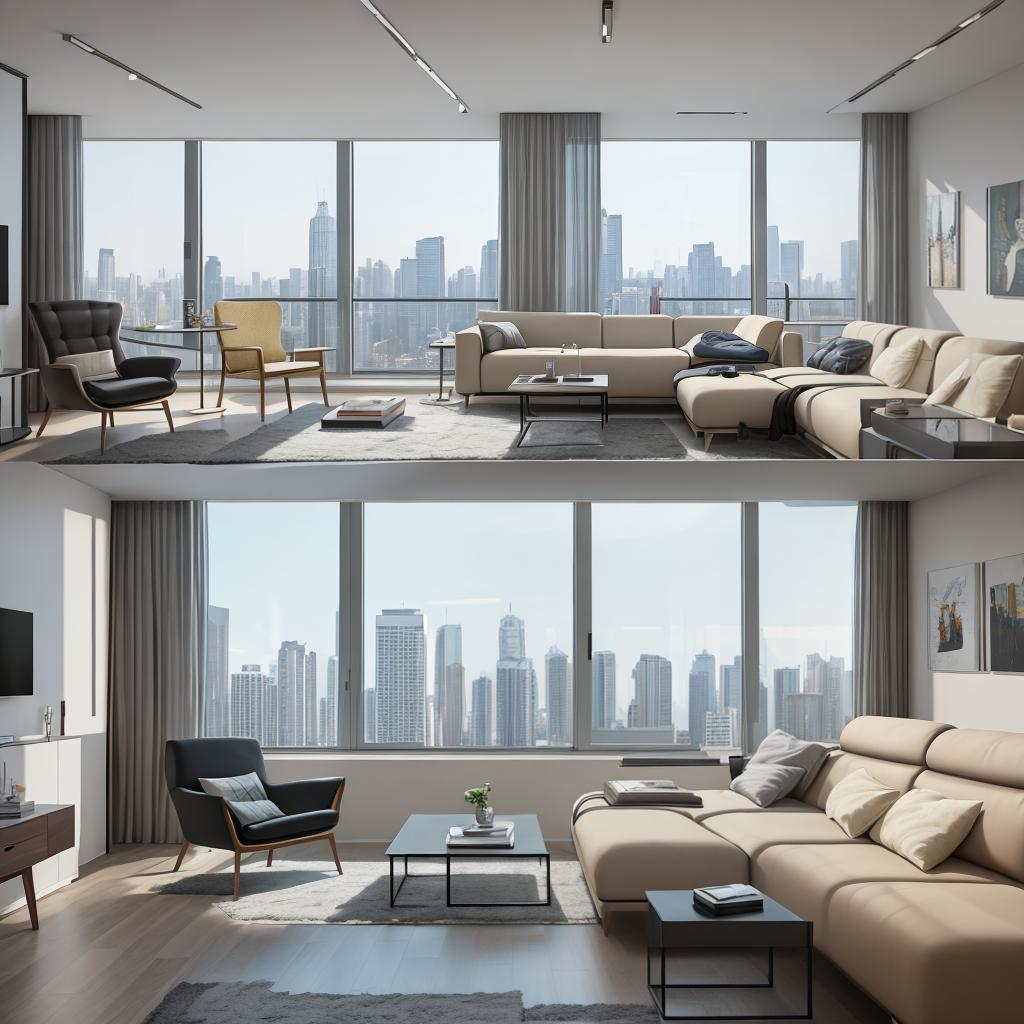  masterpiece, best quality, Best Quality, Masterpiece, 8k resolution,high resolution concept art of an apartment living room with floor to ceiling windows and modern furniture