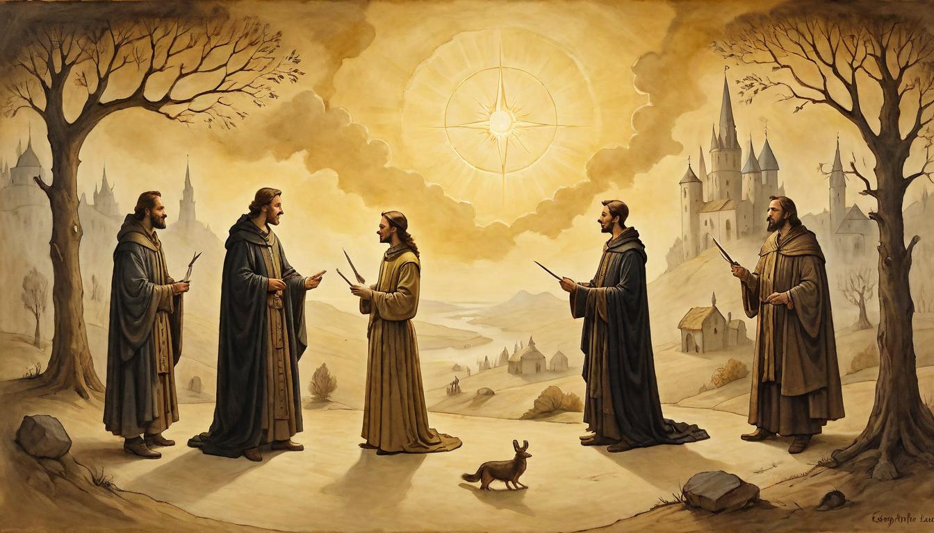  on parchment, surrealism+++, A small group of figures in conversation, golden light radiating from their hearts, harmonious expressions, warm interaction, serene environment, enriching connections, twilight atmosphere(mysterious, provocative, symbolic,muted color)+++