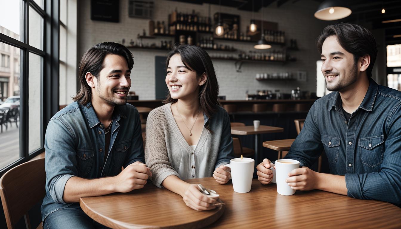  digital illustration, A man and a woman enjoying coffee together, animated conversation, sunlit café, feeling of openness and connection, looking at viewer, dynamic pose, (intricate details, masterpiece, best quality)