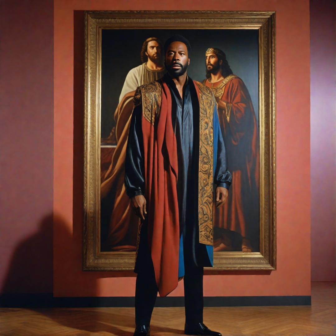  a man standing up in front of a painting of person, in the style of biblical drama, bold colorism, 1980s, cinestill 50d, i can't believe how beautiful this is, satirical humor, xmaspunk hyperrealistic, full body, detailed clothing, highly detailed, cinematic lighting, stunningly beautiful, intricate, sharp focus, f/1. 8, 85mm, (centered image composition), (professionally color graded), ((bright soft diffused light)), volumetric fog, trending on instagram, trending on tumblr, HDR 4K, 8K