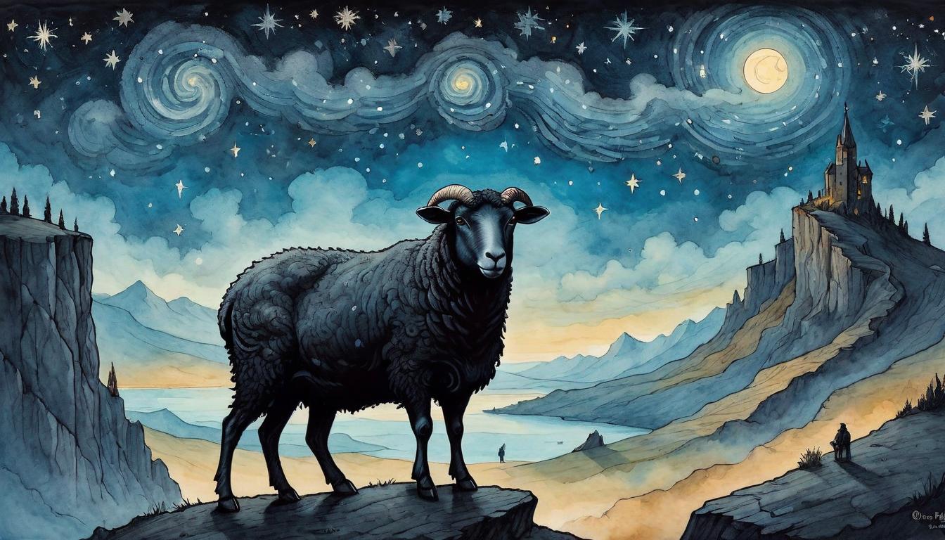  on parchment, surrealism+++, A lone black sheep standing at the edge of a cliff, overlooking a vast, starlit landscape, its silhouette sharp against the night sky, embodying isolation yet commanding presence, stars dot the sky in intricate patterns, suggesting order in chaos, anticipation, resilience(mysterious, provocative, symbolic,muted color)+++