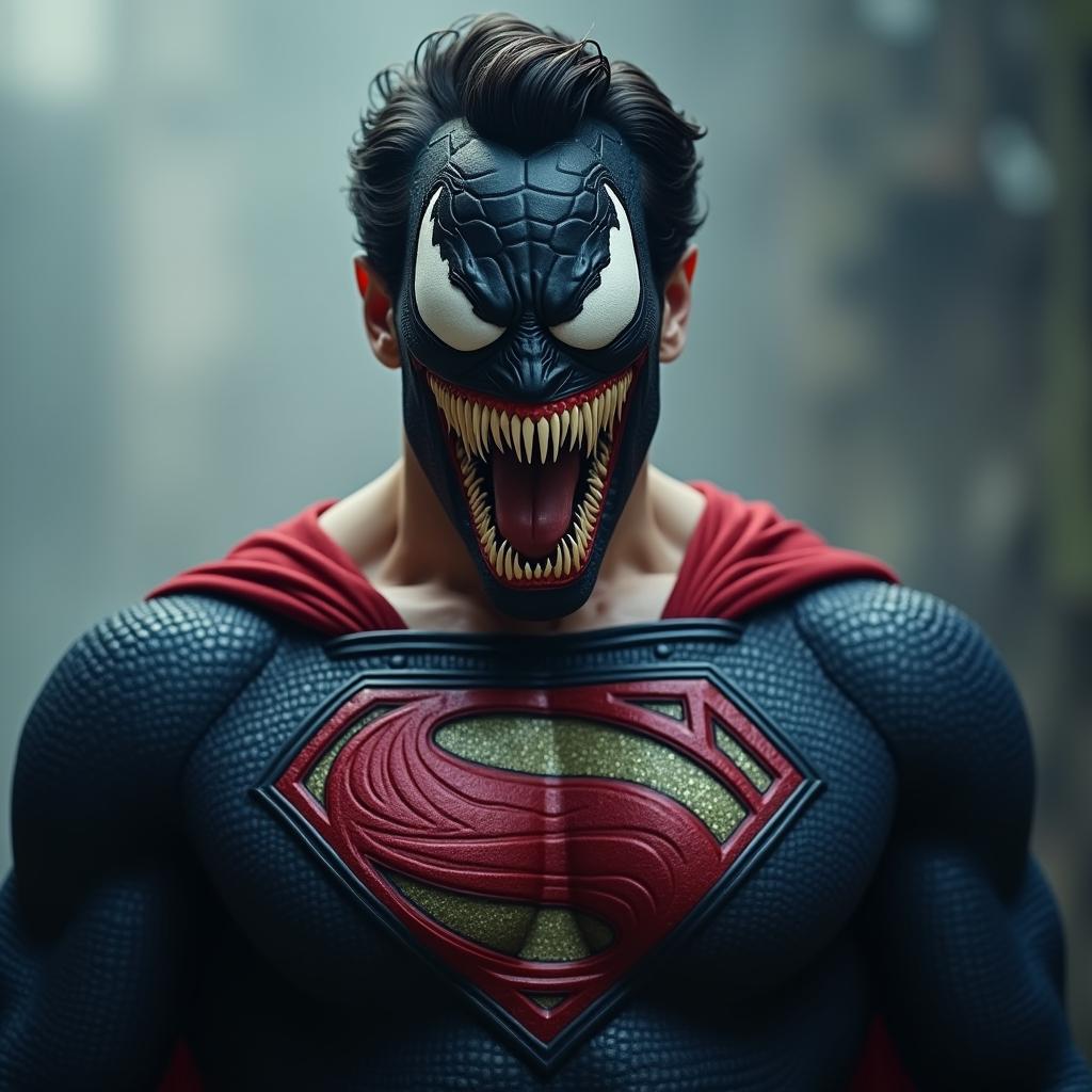  superman((venom in superman)),venom eyes hyperrealistic, full body, detailed clothing, highly detailed, cinematic lighting, stunningly beautiful, intricate, sharp focus, f/1. 8, 85mm, (centered image composition), (professionally color graded), ((bright soft diffused light)), volumetric fog, trending on instagram, trending on tumblr, HDR 4K, 8K