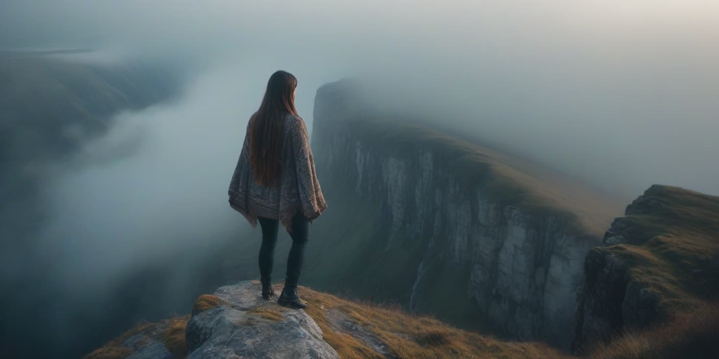  A view from above. A girl is holding onto the edge of a cliff. hyperrealistic, full body, detailed clothing, highly detailed, cinematic lighting, stunningly beautiful, intricate, sharp focus, f/1. 8, 85mm, (centered image composition), (professionally color graded), ((bright soft diffused light)), volumetric fog, trending on instagram, trending on tumblr, HDR 4K, 8K