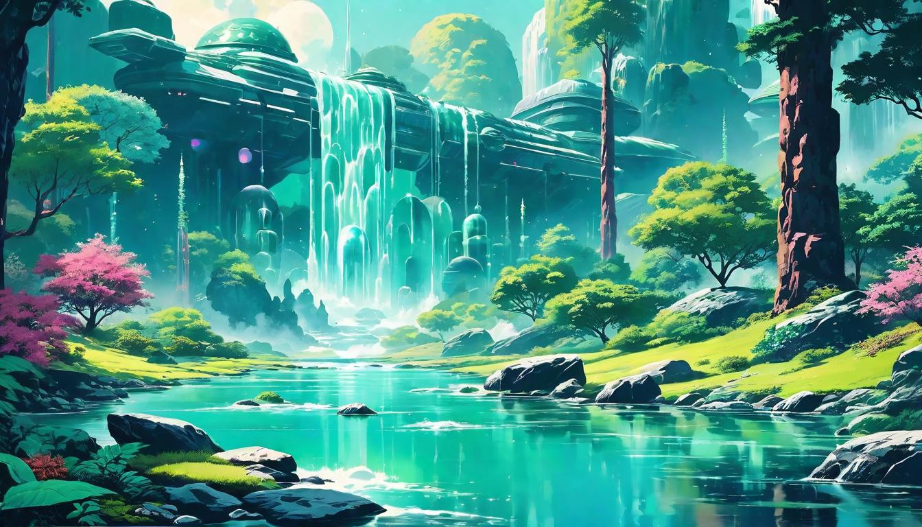  retro futuristic Crystal clear water flowing gently over stones, surrounded by lush greenery. Healing, natural harmony, love as a guiding force. lvintage sci fi, 50s and 60s style, atomic age, vibrant, highly detailed