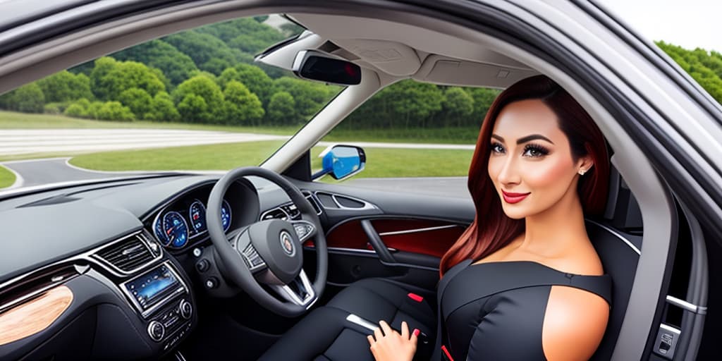  Female driving a car hyperrealistic, full body, detailed clothing, highly detailed, cinematic lighting, stunningly beautiful, intricate, sharp focus, f/1. 8, 85mm, (centered image composition), (professionally color graded), ((bright soft diffused light)), volumetric fog, trending on instagram, trending on tumblr, HDR 4K, 8K