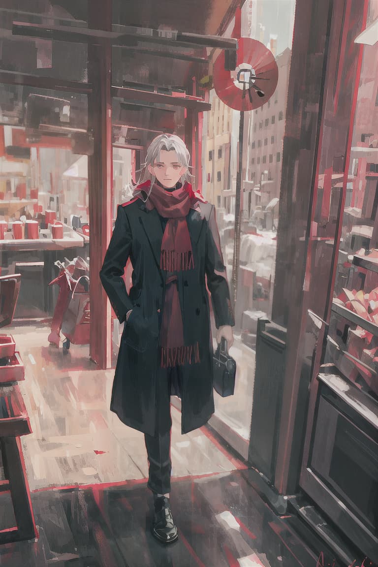  master piece , best quality,Gray hair, male, red scarf, long black coat, adventurer