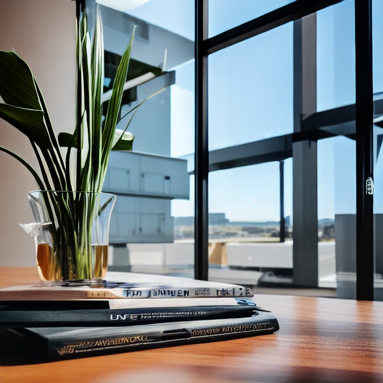  magazine on a table in the office with glass window looking at a construction site, realistic image sharp focus, 8K,