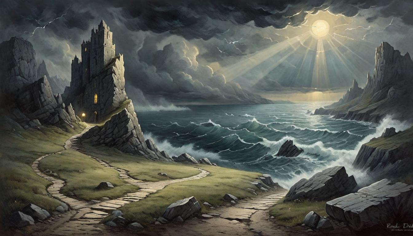  on parchment, surrealism+++, Dark, stormy skies breaking with a single, piercing ray of light striking a rocky path, symbolizing hope amidst repeated rejections or failures, the stark landscape represents challenges, ray of light offers guidance and resilience, moment of clarity in the face of adversity, promise of perseverance.(mysterious, provocative, symbolic,muted color)+++