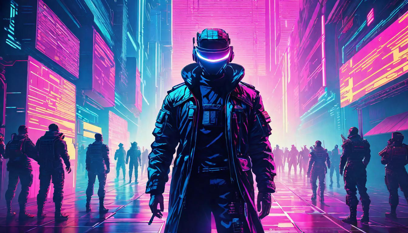  vaporwave,cyberpunk game style A person surrounded by a formidable light barrier, shadowy figures repelled, powerful and unyieldingeon, dystopian, futuristic, digital, vibrant, detailed, high contrast, reminiscent of cyberpunk genre video games,retro aesthetic, cyberpunk, vibrant, neon colors, vintage 80s and 90s style, highly detailed