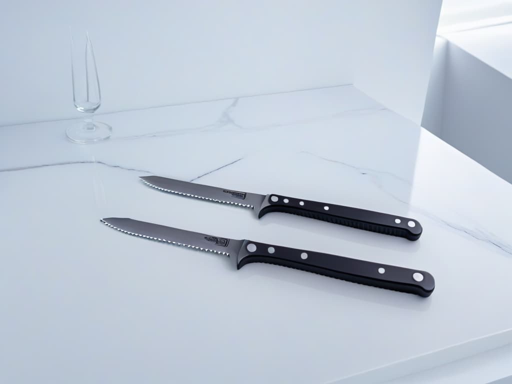  A sleek, minimalistic image of a highquality set of pastry knives arranged neatly on a clean, white marble countertop. The knives gleam under soft, natural lighting, showcasing their sharp edges and ergonomic handles. Each knife is elegantly designed with a focus on precision and functionality, embodying the essence of professional pastry tools. The composition is simple yet striking, highlighting the craftsmanship and quality of the knives, making it an ideal visual representation for the article on maximizing monetization with a set of pastry knives. hyperrealistic, full body, detailed clothing, highly detailed, cinematic lighting, stunningly beautiful, intricate, sharp focus, f/1. 8, 85mm, (centered image composition), (professionally color graded), ((bright soft diffused light)), volumetric fog, trending on instagram, trending on tumblr, HDR 4K, 8K