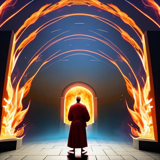  bald man in robes in front of a fiery portal