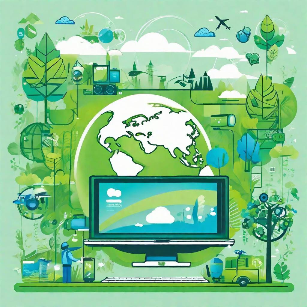  masterpiece, best quality,Background design: fresh green and blue gradient, representing harmony between nature and society. Core image design: a young man occupies the right half of the picture facing left, organizing an online environmental campaign through the network of Wopi. He uses smart devices to present his environmental projects, and the screen displays the slogan "cheer for the earth".