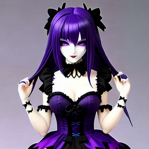  a gothic anime puppet with dark purple hair with royal blue at the ends, wears a dark royal blue dress with black and purple