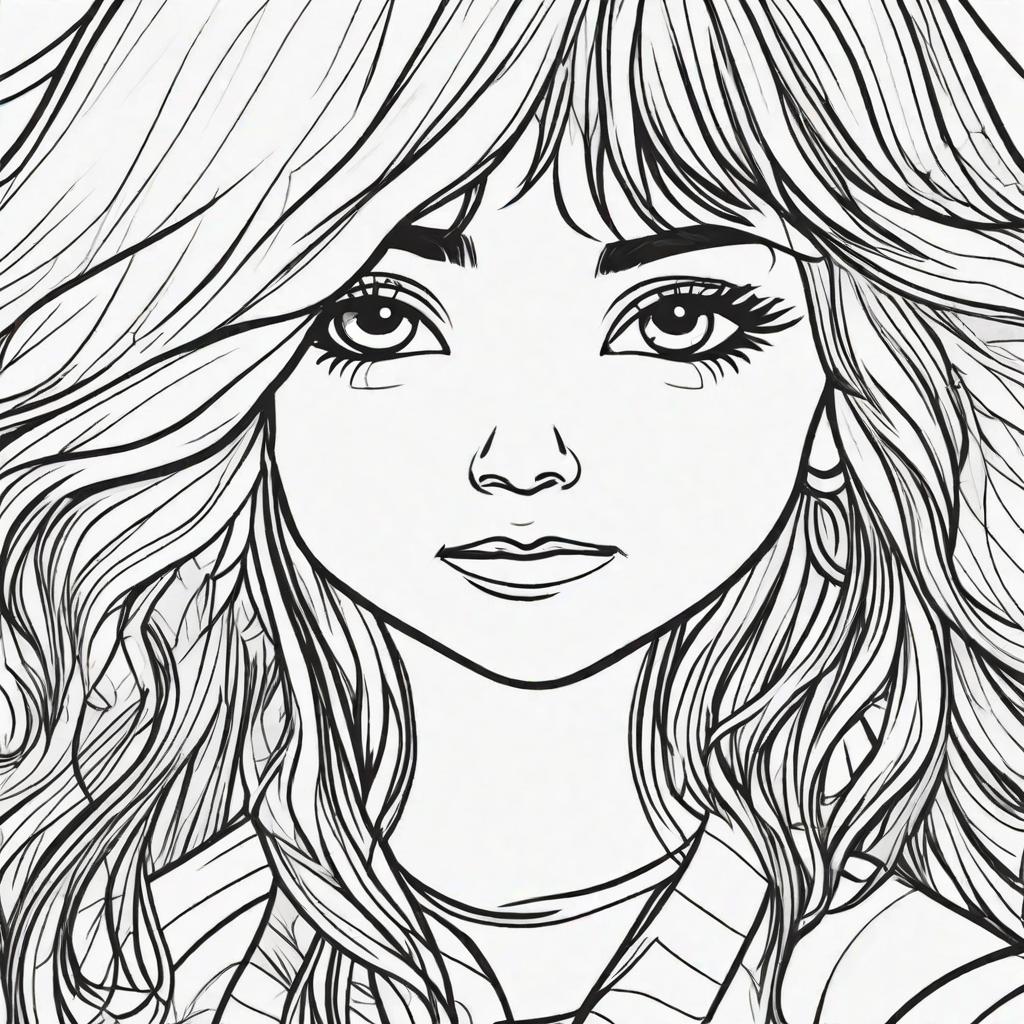  in a coloring book style, A girl with opened hair, a giving a cheerful smile with beautiful eyes and face expression.