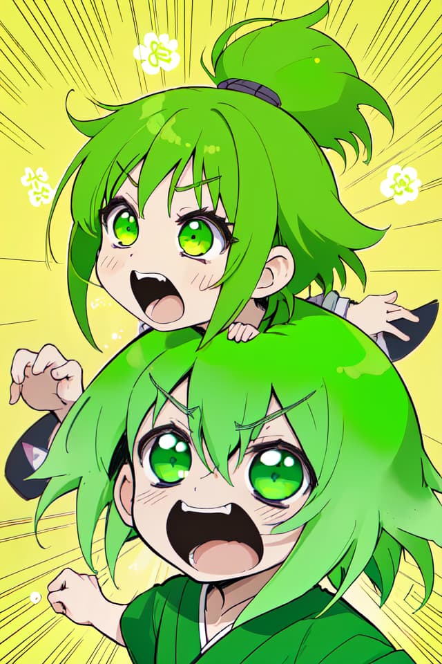  Green hair character Barakuraba, shouting, background is Takebayashi tei