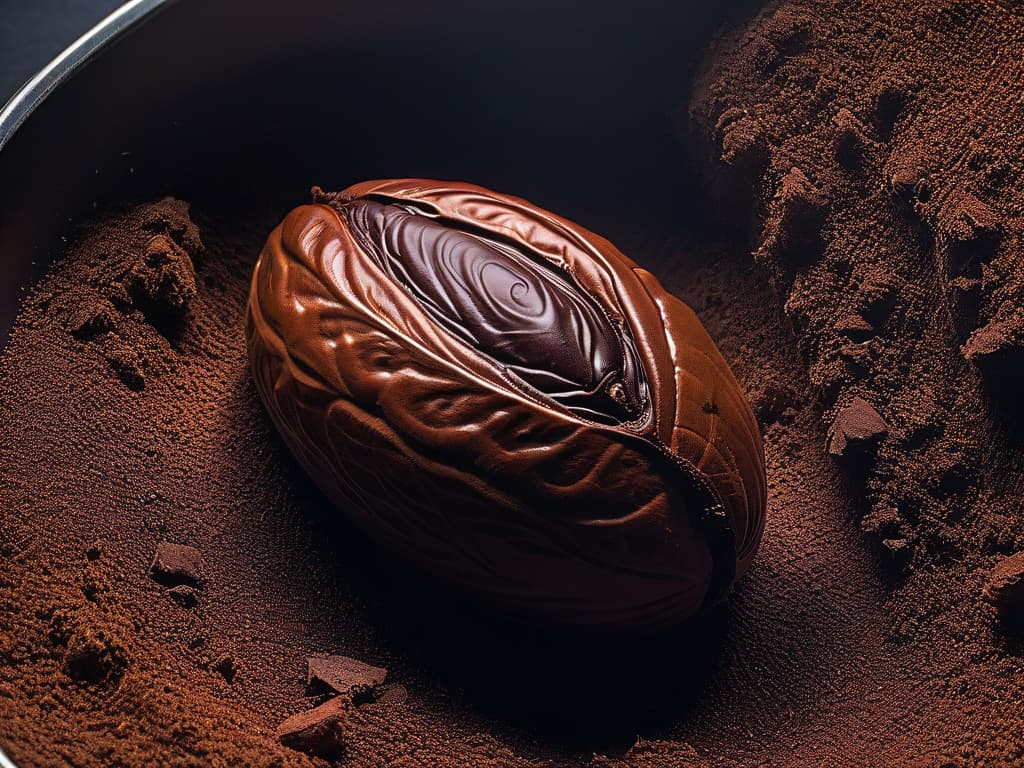  A closeup, ultradetailed image of a single cacao bean, showcasing its textured surface with intricate ridges and a rich, deep brown color. The lighting is soft, highlighting the natural imperfections and beauty of the bean, evoking a sense of craftsmanship and sustainability in chocolate production. hyperrealistic, full body, detailed clothing, highly detailed, cinematic lighting, stunningly beautiful, intricate, sharp focus, f/1. 8, 85mm, (centered image composition), (professionally color graded), ((bright soft diffused light)), volumetric fog, trending on instagram, trending on tumblr, HDR 4K, 8K