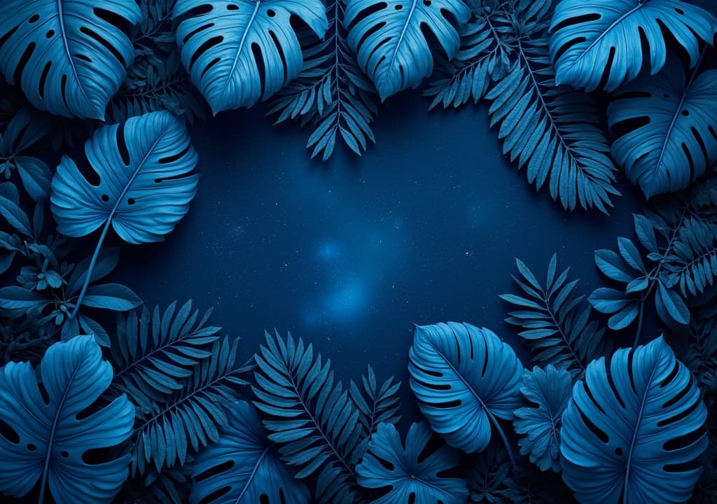  good quality, high quality, collection of blue tropical leaves and foliage plants set against a cosmic space background.