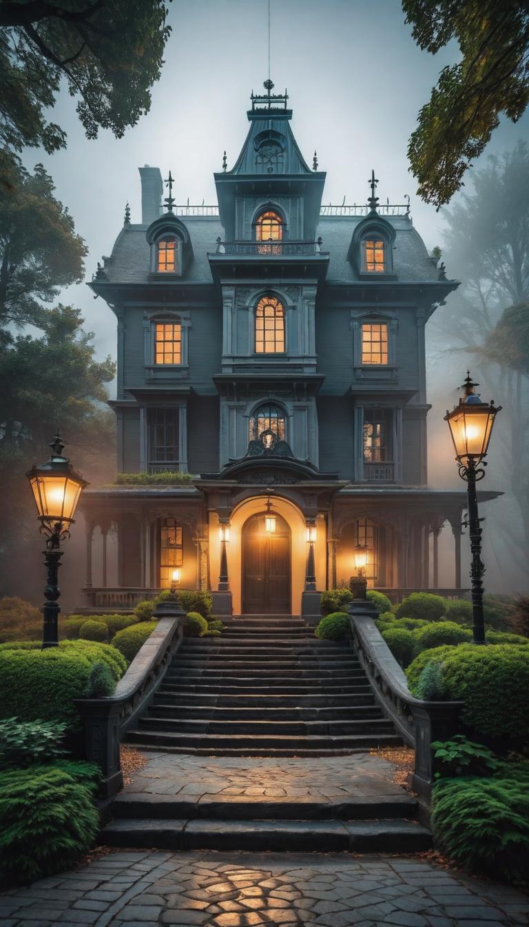  gothic style depiction of a haunted mansion. Dark, mysterious, haunting, dramatic, ornate, detailed. . dark, mysterious, haunting, dramatic, ornate, detailed, hyperrealistic, full body, detailed clothing, highly detailed, cinematic lighting, stunningly beautiful, intricate, sharp focus, f/1. 8, 85mm, (centered image composition), (professionally color graded), ((bright soft diffused light)), volumetric fog, trending on instagram, trending on tumblr, HDR 4K, 8K