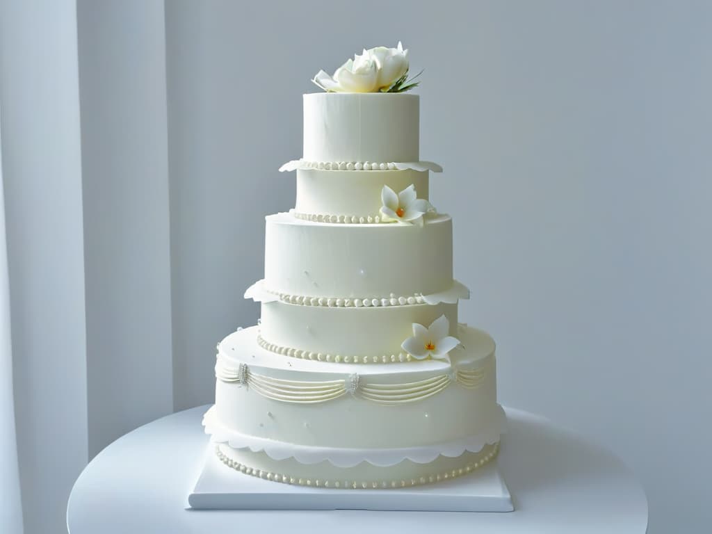  An ultradetailed 8k image of a pristine white wedding cake adorned with shimmering edible pearl powder, delicately placed on a sleek marble countertop with soft, diffused natural light highlighting the elegant details of the edible pearls, casting subtle shadows on the flawless frosting surface. hyperrealistic, full body, detailed clothing, highly detailed, cinematic lighting, stunningly beautiful, intricate, sharp focus, f/1. 8, 85mm, (centered image composition), (professionally color graded), ((bright soft diffused light)), volumetric fog, trending on instagram, trending on tumblr, HDR 4K, 8K