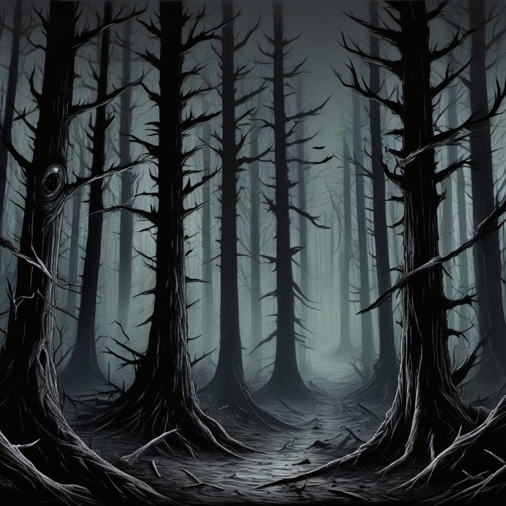  horror-themed scary forest with markers . eerie, unsettling, dark, spooky, suspenseful, grim, highly detailed