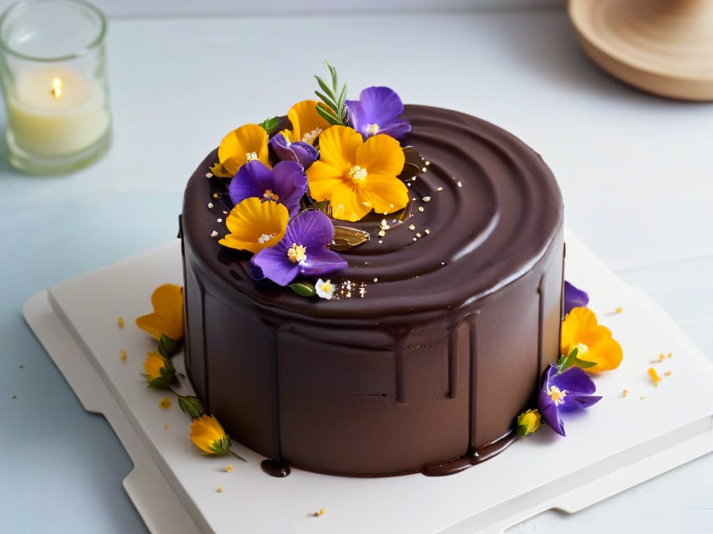  A closeup, highresolution image of a luxurious, glossy chocolate cake drizzled with a swirl of golden, extra virgin olive oil. The cake is elegantly decorated with delicate edible flowers and a sprinkle of sea salt, creating a visually stunning and unexpected combination of flavors. The minimalistic style highlights the richness and sophistication of the dessert, perfectly capturing the essence of using olive oil in sweet treats. hyperrealistic, full body, detailed clothing, highly detailed, cinematic lighting, stunningly beautiful, intricate, sharp focus, f/1. 8, 85mm, (centered image composition), (professionally color graded), ((bright soft diffused light)), volumetric fog, trending on instagram, trending on tumblr, HDR 4K, 8K