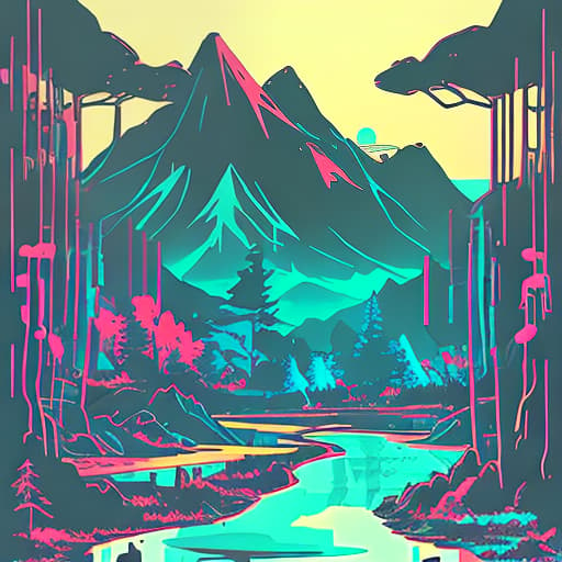 nvinkpunk Whimsical mountains with pond and trees in valley