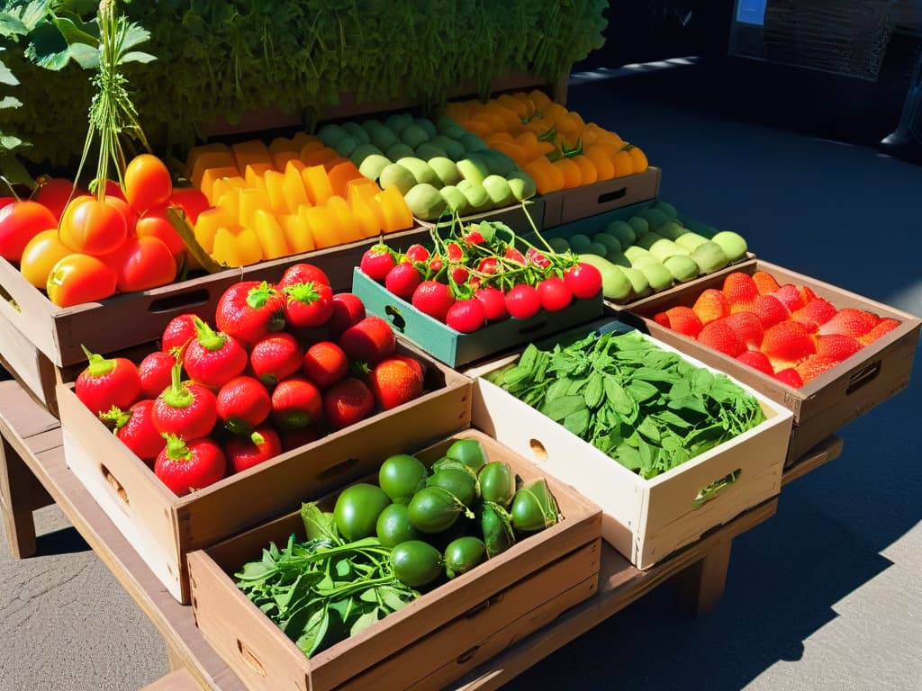  An ultradetailed image of a vibrant farmers' market stall overflowing with fresh, seasonal fruits and vegetables, including ripe strawberries, juicy peaches, colorful bell peppers, and leafy greens, all neatly arranged in wooden crates and wicker baskets. The sunlight streams in, casting a warm glow over the produce, highlighting their natural beauty and inviting viewers to savor the flavors of each season. hyperrealistic, full body, detailed clothing, highly detailed, cinematic lighting, stunningly beautiful, intricate, sharp focus, f/1. 8, 85mm, (centered image composition), (professionally color graded), ((bright soft diffused light)), volumetric fog, trending on instagram, trending on tumblr, HDR 4K, 8K