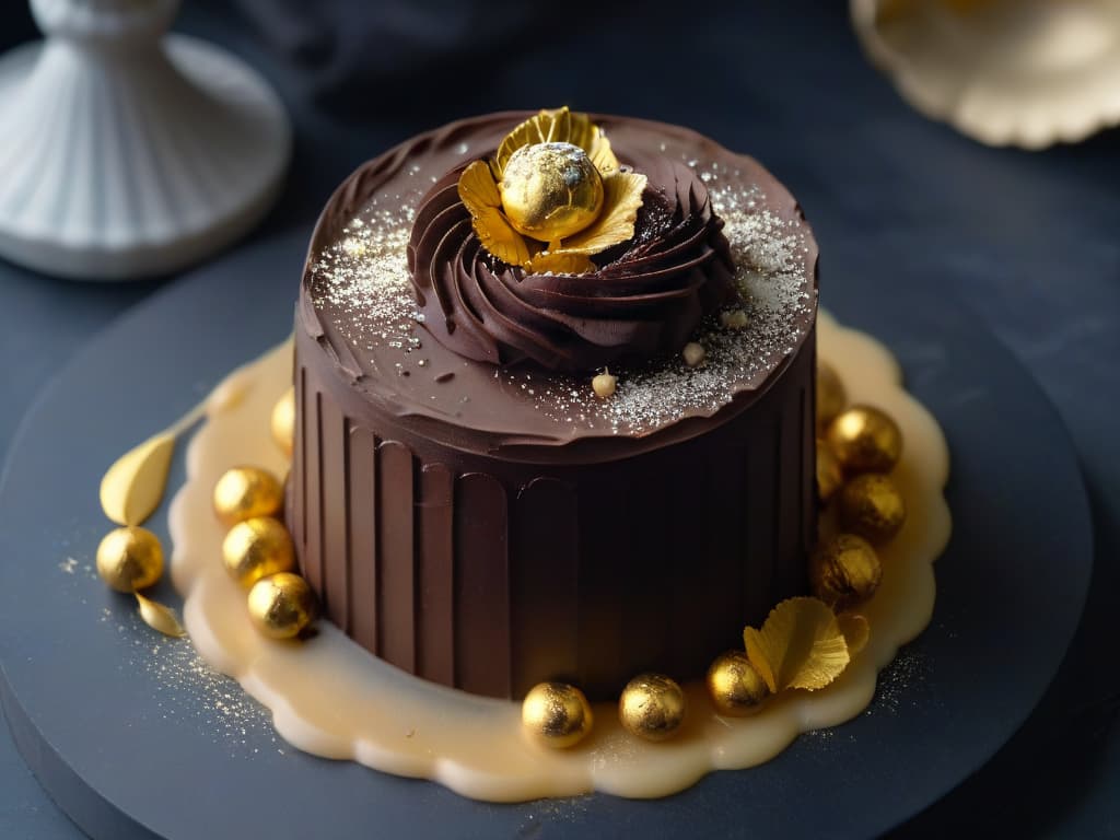  A closeup, ultradetailed image of a single handcrafted chocolate truffle elegantly dusted with edible gold flakes, resting on a sleek, black marble surface. The truffle is perfectly round, with a smooth, glossy surface that reflects the soft ambient lighting, showcasing intricate swirls and ridges. The gold flakes delicately shimmer under the light, adding a touch of luxury to the exquisite treat. hyperrealistic, full body, detailed clothing, highly detailed, cinematic lighting, stunningly beautiful, intricate, sharp focus, f/1. 8, 85mm, (centered image composition), (professionally color graded), ((bright soft diffused light)), volumetric fog, trending on instagram, trending on tumblr, HDR 4K, 8K